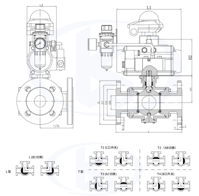 氣動三通球閥外形尺寸